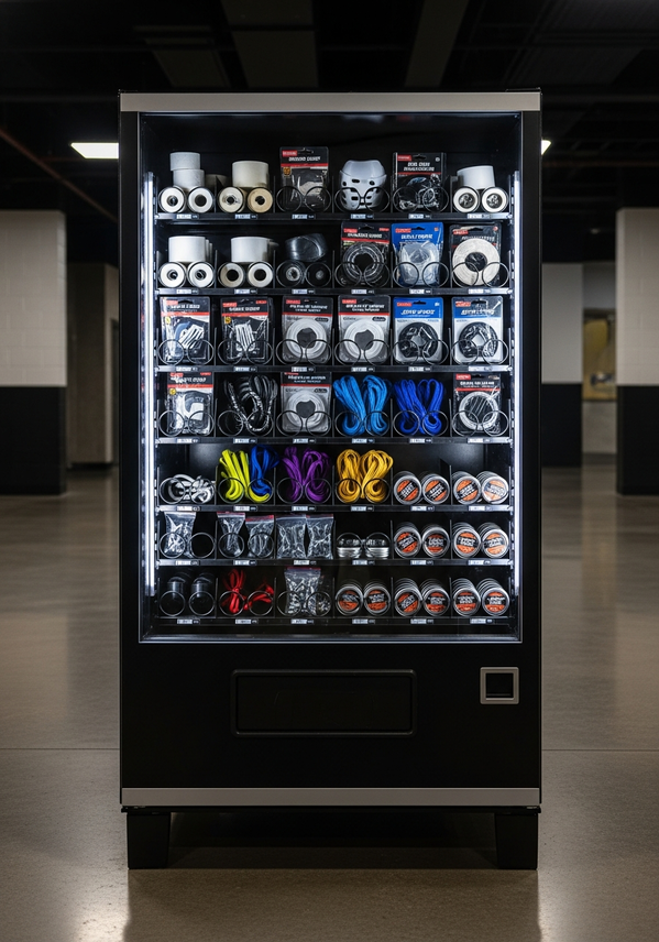 On-The-Fly Hockey Essentials vending machine filled with hockey gear including tape, mouth guards, and accessories